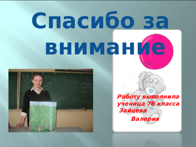 Спасибо за внимание Работу выполнила ученица 7б класса Зайцева  Валерия 