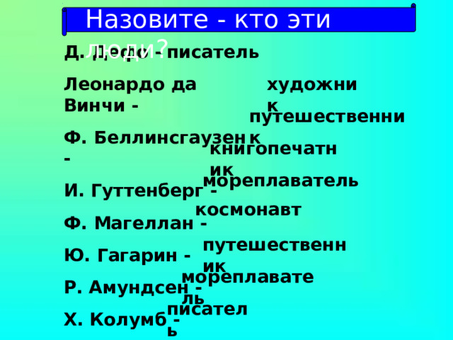 Назовите - кто эти люди? Д. Дефо - Леонардо да Винчи - Ф. Беллинсгаузен - И. Гуттенберг - Ф. Магеллан - Ю. Гагарин - Р. Амундсен - Х. Колумб - Ж. Верн - писатель художник путешественник книгопечатник мореплаватель космонавт путешественник мореплаватель писатель 