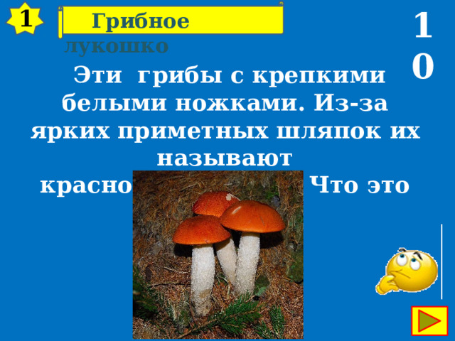 10 1  Грибное лукошко   Эти грибы с крепкими белыми ножками. Из-за ярких приметных шляпок их называют красноголовиками. Что это за грибы? 