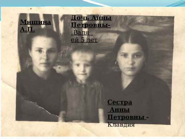 Дочь Анны Петровны-  Валя ей 5 лет Мишина А.П . Сестра  Анны Петровны - Клавдия 