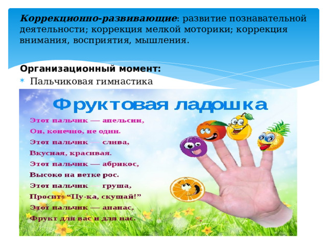 Коррекционно-развивающие : развитие познавательной деятельности; коррекция мелкой моторики; коррекция внимания, восприятия, мышления.   Организационный момент: Пальчиковая гимнастика 
