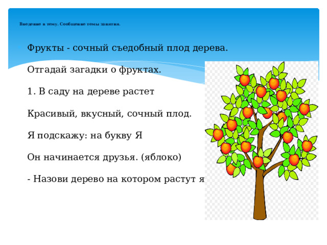   Введение в тему. Сообщение темы занятия.     Фрукты - сочный съедобный плод дерева.    Отгадай загадки о фруктах.   1. В саду на дереве растет   Красивый, вкусный, сочный плод.   Я подскажу: на букву Я   Он начинается друзья. (яблоко)   - Назови дерево на котором растут яблоки?   