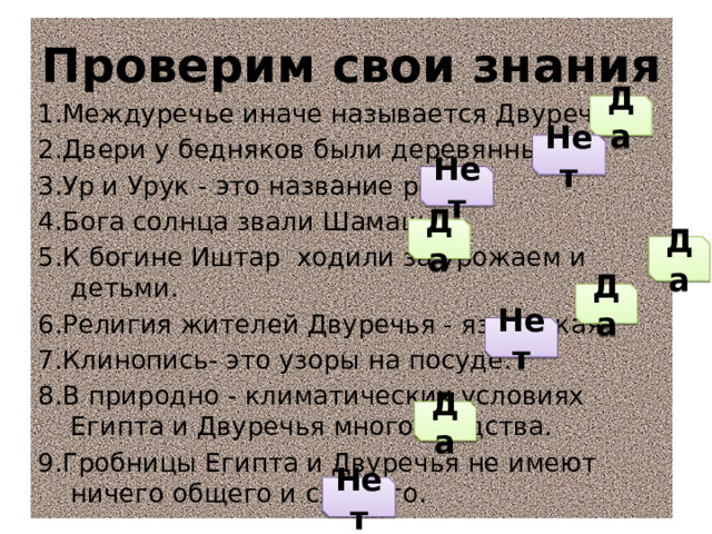 Проверим свои знания 1.Междуречье иначе называется Двуречье. 2.Двери у бедняков были деревянные. 3.Ур и Урук - это название рек. 4.Бога солнца звали Шамаш. 5.К богине Иштар ходили за урожаем и детьми. 6.Религия жителей Двуречья - языческая 7.Клинопись- это узоры на посуде. 8.В природно - климатических условиях Египта и Двуречья много сходства. 9.Гробницы Египта и Двуречья не имеют ничего общего и схожего. Да Нет Нет Да Да Да Нет Да Нет 