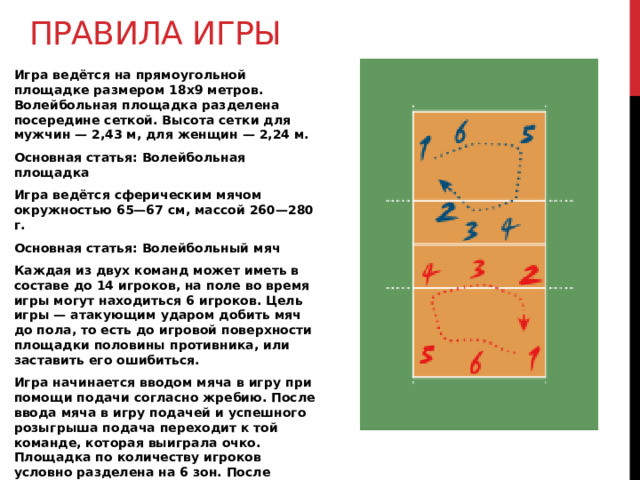 Правила игры Игра ведётся на прямоугольной площадке размером 18х9 метров. Волейбольная площадка разделена посередине сеткой. Высота сетки для мужчин — 2,43 м, для женщин — 2,24 м. Основная статья: Волейбольная площадка Игра ведётся сферическим мячом окружностью 65—67 см, массой 260—280 г. Основная статья: Волейбольный мяч Каждая из двух команд может иметь в составе до 14 игроков, на поле во время игры могут находиться 6 игроков. Цель игры — атакующим ударом добить мяч до пола, то есть до игровой поверхности площадки половины противника, или заставить его ошибиться. Игра начинается вводом мяча в игру при помощи подачи согласно жребию. После ввода мяча в игру подачей и успешного розыгрыша подача переходит к той команде, которая выиграла очко. Площадка по количеству игроков условно разделена на 6 зон. После каждого перехода право подачи переходит от одной команды к другой в результате розыгрыша очка, игроки перемещаются в следующую зону по часовой стрелке. 