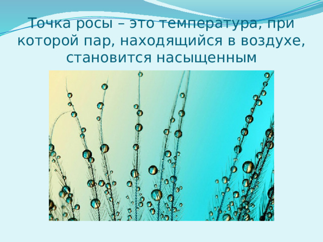 Точка росы – это температура, при которой пар, находящийся в воздухе, становится насыщенным 