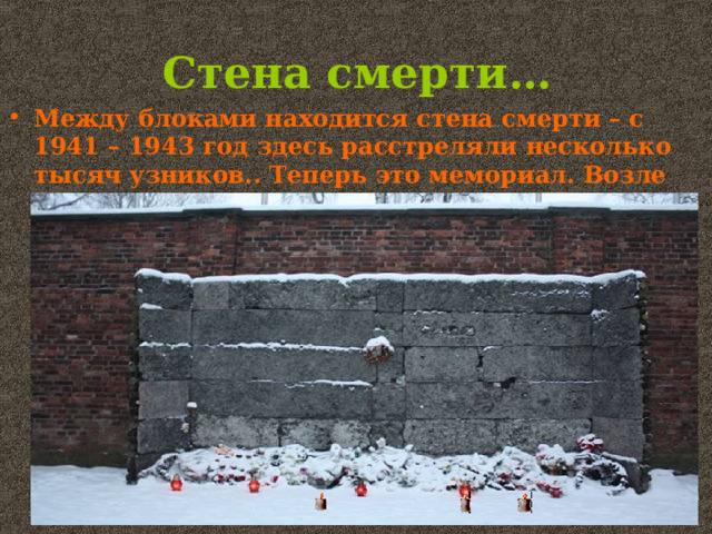 Стена смерти… Между блоками находится стена смерти – с 1941 – 1943 год здесь расстреляли несколько тысяч узников.. Теперь это мемориал. Возле него свечи, цветы… 