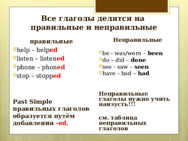 Все глаголы делятся на  правильные и неправильные правильные Неправильные  help – help ed listen – listen ed phone – phon ed stop – stopp ed be - was/were – been do – did – done see - saw – seen have - had – had Past Simple правильных глаголов образуется путём добавления -ed. Неправильные глаголы нужно учить наизусть!!!  см. таблица неправильных глаголов   