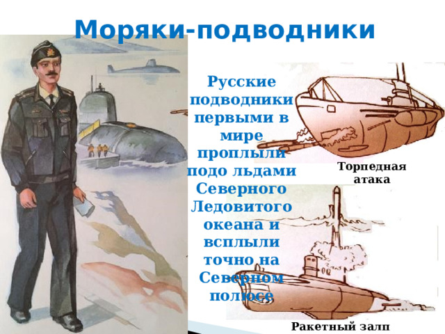 Моряки-подводники Русские подводники первыми в мире проплыли подо льдами Северного Ледовитого океана и всплыли точно на Северном полюсе Торпедная атака Ракетный залп 