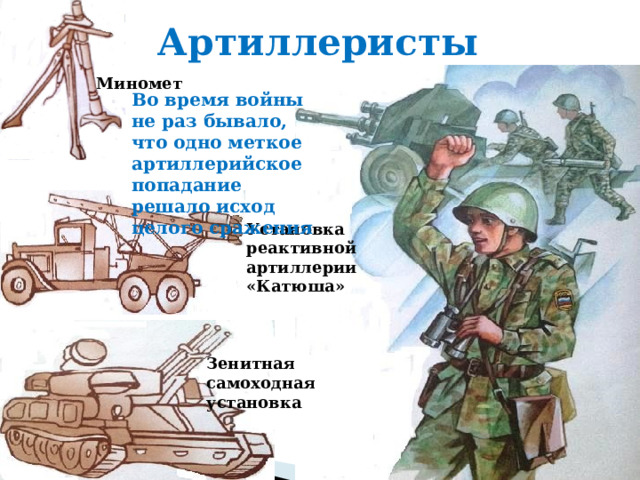 Артиллеристы Миномет Во время войны не раз бывало, что одно меткое артиллерийское попадание решало исход целого сражения Установка реактивной артиллерии «Катюша» Зенитная самоходная установка 