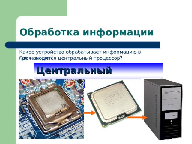 Обработка информации Какое устройство обрабатывает информацию в компьютере? Где находится центральный процессор? Центральный процессор 