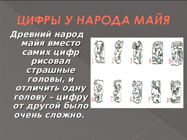 Древний народ майя вместо самих цифр рисовал страшные головы, и отличить одну голову – цифру от другой было очень сложно.  