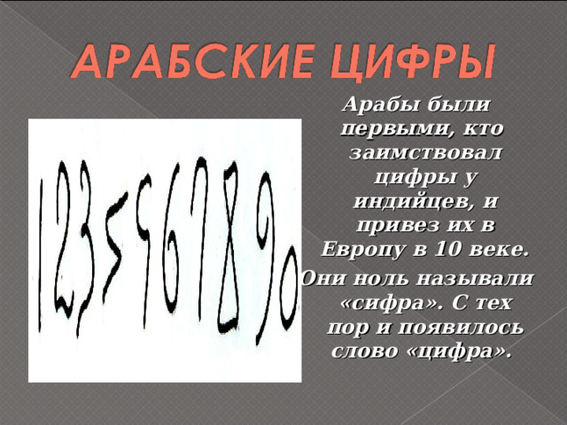 Арабы были первыми, кто заимствовал цифры у индийцев, и привез их в Европу в 10 веке. Они ноль называли «сифра». С тех пор и появилось слово «цифра». 
