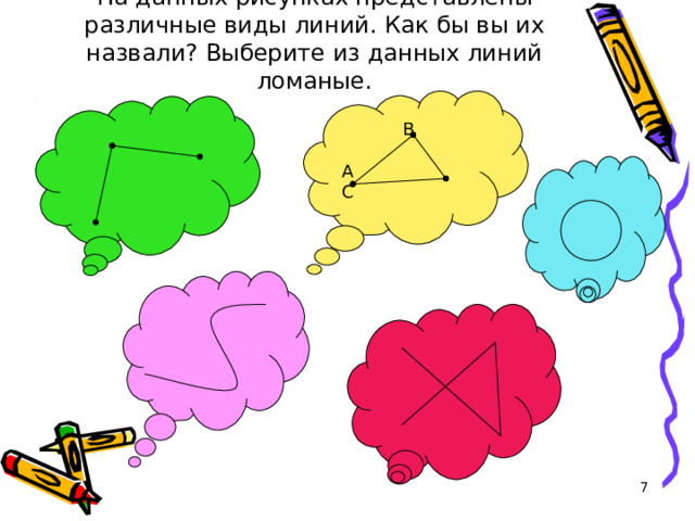 На данных рисунках представлены различные виды линий. Как бы вы их назвали? Выберите из данных линий ломаные. В А С  
