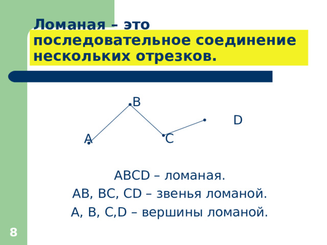 Ломаная – это последовательное соединение нескольких отрезков.  В  D  А С АВС D – ломаная. АВ, ВС, С D – звенья ломаной. А, В, С, D – вершины ломаной.  