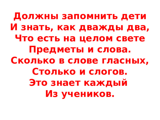 Должны запомнить дети  И знать, как дважды два,  Что есть на целом свете  Предметы и слова.  Сколько в слове гласных,  Столько и слогов.  Это знает каждый  Из учеников.   