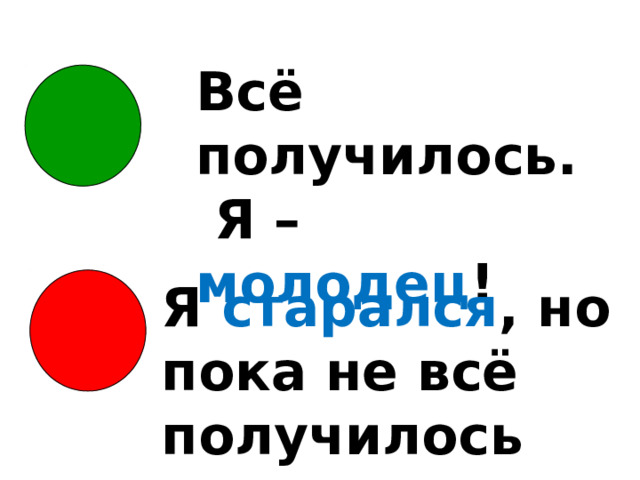Всё получилось.  Я – молодец ! Я старался , но пока не всё получилось 