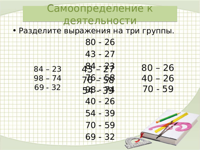 Самоопределение к деятельности Разделите выражения на три группы. 80 - 26 43 - 27 84 - 23 76 - 58 98 - 74 40 - 26 54 - 39 70 - 59 69 - 32 80 – 26 40 – 26 70 - 59 84 – 23 98 – 74 69 - 32 43 – 27 76 – 58 54 - 39 При решении примеров какого столбика мы не будем разбивать десяток на единицы? Что общего у примеров второго и третьего столбика? На сколько при этом уменьшится число десятков? Как мы это показываем при вычитанием столбиком? Кто уже догадался, какие вычислительные приёмы мы будем сегодня закреплять?   