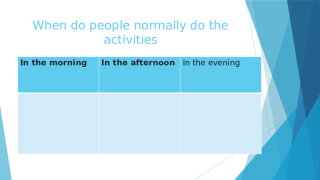 When do people normally do the activities In the morning In the afternoon In the evening 
