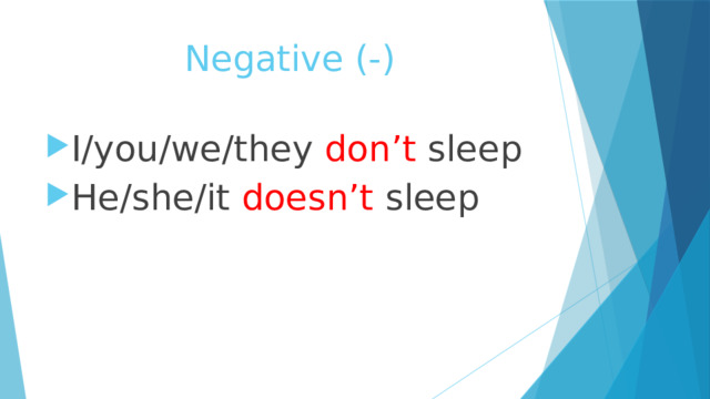 Negative (-) I/you/we/they don’t sleep He/she/it doesn’t sleep 