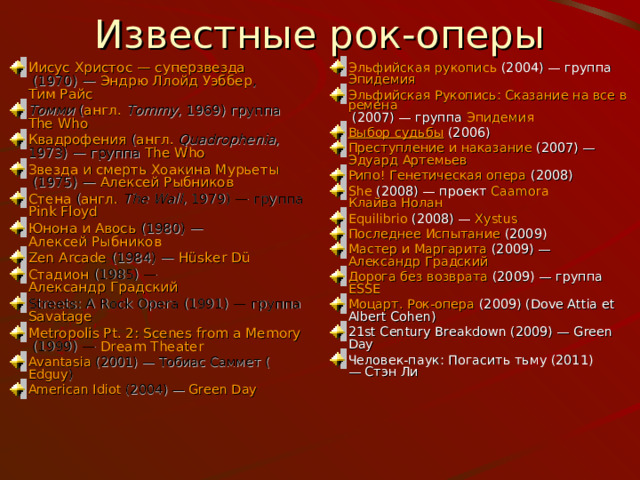 Известные рок-оперы Иисус Христос — суперзвезда  (1970) —  Эндрю Ллойд Уэббер ,  Тим Райс Томми  ( англ.   Tommy , 1969) группа  The Who Квадрофения  ( англ.   Quadrophenia , 1973) — группа  The Who Звезда и смерть Хоакина Мурьеты  (1975) —  Алексей Рыбников Стена  ( англ.   The Wall , 1979) — группа  Pink Floyd Юнона и Авось  (1980) —  Алексей Рыбников Zen Arcade  (1984) —  Hüsker Dü Стадион  (1985) —  Александр Градский Streets: A Rock Opera (1991) — группа  Savatage Metropolis Pt. 2: Scenes from a Memory  (1999) —  Dream Theater Avantasia  (2001) — Тобиас Саммет ( Edguy ) American Idiot  (2004) —  Green Day   Эльфийская рукопись  (2004) — группа  Эпидемия Эльфийская Рукопись: Сказание на все времена  (2007) — группа  Эпидемия Выбор судьбы  (2006) Преступление и наказание  (2007) —  Эдуард Артемьев Рипо! Генетическая опера  (2008) She  (2008) — проект  Caamora   Клайва Нолан Equilibrio  (2008) —  Xystus Последнее Испытание  (2009) Мастер и Маргарита  (2009) —  Александр Градский Дорога без возврата  (2009) — группа  ESSE Моцарт. Рок-опера  (2009) (Dove Attia et Albert Cohen) 21st Century Breakdown (2009) — Green Day Человек-паук: Погасить тьму (2011) — Стэн Ли  