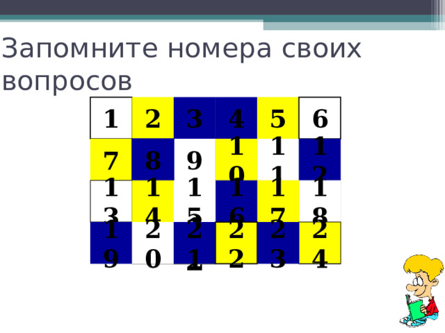 Запомните номера своих вопросов 2 3 4 5 6 1 11 7 9 8 10 12 16 15 13 17 18 14 12 19 20 21 24 22 23 
