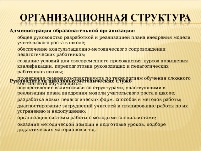 Администрация образовательной организации: общее руководство разработкой и реализацией плана внедрения модели учительского роста в школе; обеспечение консультационно-методического сопровождения педагогических работников; создание условий для своевременного прохождения курсов повышения квалификации, переподготовки руководящих и педагогических работников школы; проведение семинаров-практикумов по технологиям обучения сложного контингента обучающихся. Руководители школьных методических служб осуществление взаимосвязи со структурами, участвующими в реализации плана внедрения модели учительского роста в школе; разработка новых педагогических форм, способов и методов работы; диагностирование затруднений учителей и планирование работы по их устранению и недопущению; организация системы работы с молодыми специалистами; оказание методической помощи в подготовке уроков, подборе дидактических материалов и т.д.  