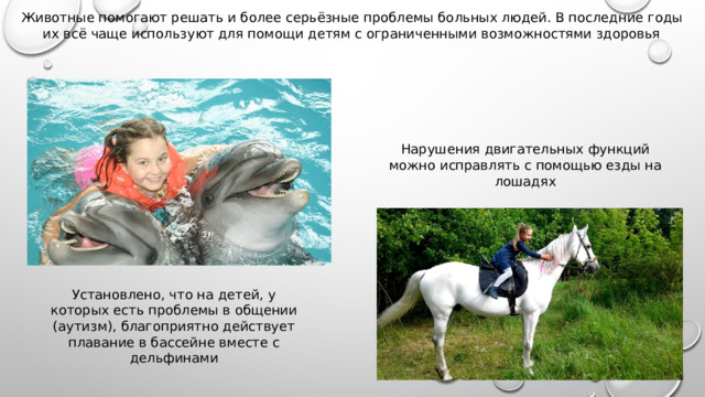 Животные помогают решать и более серьёзные проблемы больных людей. В последние годы их всё чаще используют для помощи детям с ограниченными возможностями здоровья Нарушения двигательных функций можно исправлять с помощью езды на лошадях Установлено, что на детей, у которых есть проблемы в общении (аутизм), благоприятно действует плавание в бассейне вместе с дельфинами 