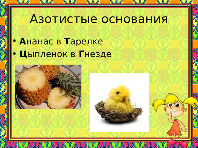Азотистые основания А нанас в Т арелке Ц ыпленок в Г незде 