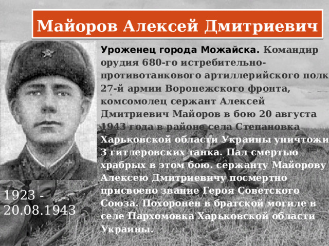 Майоров Алексей Дмитриевич Уроженец города Можайска. Командир орудия 680-го истребительно-противотанкового артиллерийского полка 27-й армии Воронежского фронта, комсомолец сержант Алексей Дмитриевич Майоров в бою 20 августа 1943 года в районе села Степановка Харьковской области Украины уничтожил 3 гитлеровских танка. Пал смертью храбрых в этом бою. сержанту Майорову Алексею Дмитриевичу посмертно присвоено звание Героя Советского Союза. Похоронен в братской могиле в селе Пархомовка Харьковской области Украины.    1923 -20.08.1943     