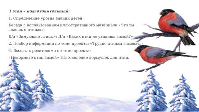 1 этап – подготовительный: 1. Определение уровня знаний детей: Беседа с использованием иллюстративного материала «Что ты знаешь о птицах»; Д/и «Зимующие птицы»; Д/и «Каких птиц не увидишь зимой?» 2. Подбор информации по теме проекта: «Трудно птицам зимовать» 3. Беседы с родителями по теме проекта: «Покормите птиц зимой» Изготовление кормушек для птиц. 