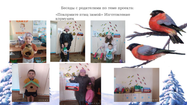  Беседы с родителями по теме проекта: «Покормите птиц зимой» Изготовление кормушек 