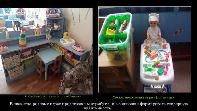Вставка рисунка Сюжетно-ролевая игра «Семья»  Сюжетно-ролевая игра «Больница» В сюжетно-ролевых играх представлены атрибуты, позволяющие формировать гендерную идентичность.  