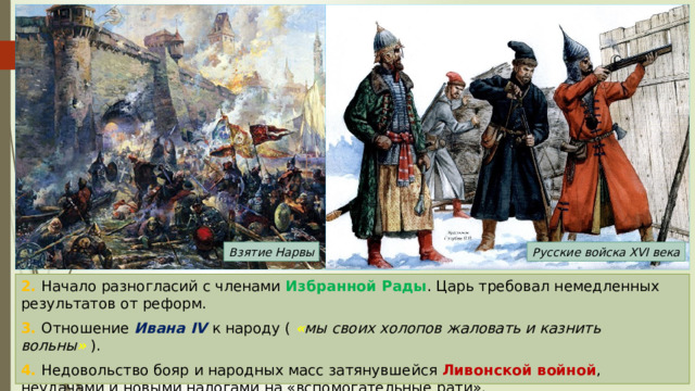 Взятие Нарвы Русские войска XVI века 2. Начало разногласий с членами Избранной Рады . Царь требовал немедленных результатов от реформ. 3. Отношение Ивана IV к народу ( « мы своих холопов жаловать и казнить вольны »  ). 4. Недовольство бояр и народных масс затянувшейся Ливонской войной , неудачами и новыми налогами на «вспомогательные рати». 