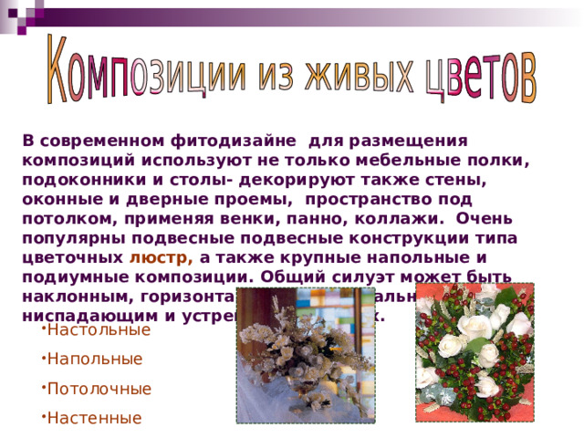 В современном фитодизайне для размещения композиций используют не только мебельные полки, подоконники и столы- декорируют также стены, оконные и дверные проемы, пространство под потолком, применяя венки, панно, коллажи. Очень популярны подвесные подвесные конструкции типа цветочных люстр, а также крупные напольные и подиумные композиции. Общий силуэт может быть наклонным, горизонтальным, вертикальным, ниспадающим и устремленным вверх. Настольные Напольные Потолочные Настенные 