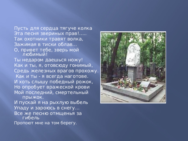 Пусть для сердца тягуче колка Эта песня звериных прав!..... Так охотники травят волка, Зажимая в тиски облав... О, привет тебе, зверь мой любимый! Ты недаром даешься ножу! Как и ты, я, отовсюду гонимый, Средь железных врагов прохожу.  Как и ты - я всегда наготове. И хоть слышу победный рожок, Но опробует вражеской крови Мой последний, смертельный прыжок. И пускай я на рыхлую выбель Упаду и зароюсь в снегу... Все же песню отмщенья за гибель Пропоют мне на том берегу. 