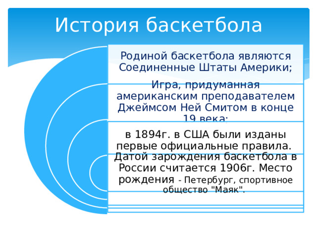 История баскетбола Родиной баскетбола являются Соединенные Штаты Америки; Игра, придуманная американским преподавателем Джеймсом Ней Смитом в конце 19 века; в 1894г. в США были изданы первые официальные правила. Датой зарождения баскетбола в России считается 1906г. Место рождения - Петербург, спортивное общество 