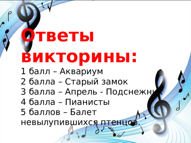 Ответы викторины:  1 балл – Аквариум  2 балла – Старый замок  3 балла – Апрель - Подснежник  4 балла – Пианисты  5 баллов – Балет невылупившихся птенцов.   