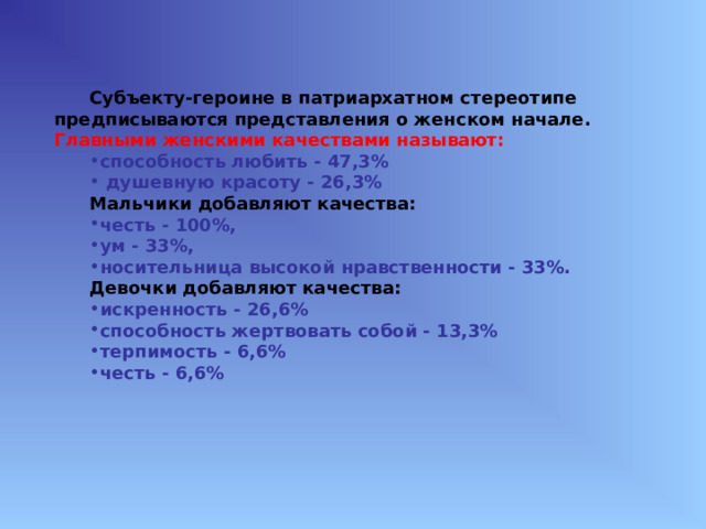 Субъекту-героине в патриархатном стереотипе предписываются представления о женском начале. Главными женскими качествами называют: способность любить - 47,3 %  душевную красоту - 26,3% Мальчики добавляют качества: честь - 100%, ум - 33%, носительница высокой нравственности - 33%. Девочки добавляют качества: искренность - 26,6% способность жертвовать собой - 13,3% терпимость - 6,6% честь - 6,6% 
