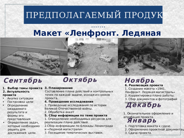 ПРЕДПОЛАГАЕМЫЙ ПРОДУКТ Макет «Ленфронт. Ледяная магистраль» Октябрь Ноябрь Сентябрь 6. Реализация проекта 1. Создание макета «1941. Ленфронт. Ледяная магистраль» 2. Корректировка плана работы. 3. Сбор документов и фотографий по теме проекта. 3. Планирование Составление плана действий и контрольных точек по каждой задаче, исходя из сроков проекта. 4. Проведение исследования 1. Проведение исследования по истории Великой Отечественной войны. 2. Обработка анкет 5. Сбор информации по теме проекта 1. Определение необходимых ресурсов для реализации плана действий. 2.Сбор информации по Блокады Ленинграда и «Ледяной магистрали» 3. Посещение тематических выставок. 1. Выбор темы проекта  2. Актуальность проекта Анализ ситуации  Постановка цели  Определение ожидаемого результата и формы его представления  Определение задач, которые необходимо решить для достижения  цели. Декабрь 1. Окончательное оформление и апробация проекта. Январь 1. Подготовка макета к сдаче. 2. Оформление проектной документации. 3. Сдача проекта. 