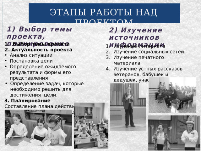 ЭТАПЫ РАБОТЫ НАД ПРОЕКТОМ 1) Выбор темы проекта, планирование 2) Изучение источников информации 1. Выбор темы проекта  2. Актуальность проекта Анализ ситуации  Постановка цели  Определение ожидаемого результата и формы его представления  Определение задач, которые необходимо решить для достижения  цели. 3. Планирование Составление плана действий и контрольных точек по каждой задаче, исходя из сроков проекта. Изучение Интернета Изучение социальных сетей Изучение печатного материала Изучение устных рассказов ветеранов, бабушек и дедушек, участвовавших в войне. 
