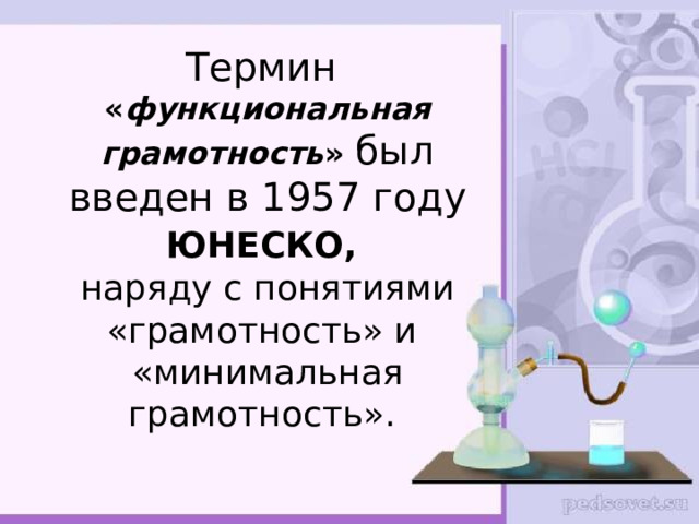 Термин « функциональная грамотность » был введен в 1957 году ЮНЕСКО,  наряду с понятиями «грамотность» и «минимальная грамотность». 