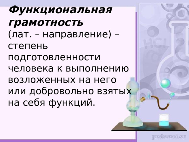 Функциональная грамотность (лат. – направление) – степень подготовленности человека к выполнению возложенных на него или добровольно взятых на себя функций. 