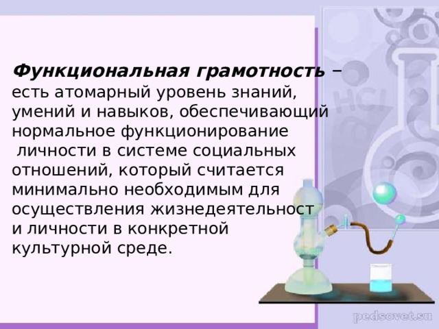  Функциональная грамотность  –  есть атомарный уровень знаний,  умений и навыков, обеспечивающий нормальное функционирование  личности в системе социальных  отношений, который считается  минимально необходимым для  осуществления жизнедеятельност  и личности в конкретной  культурной среде.    