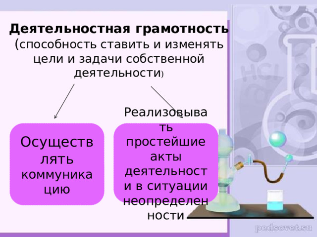 Деятельностная грамотность  ( способность ставить и изменять цели и задачи собственной деятельности ) Осуществлять  коммуникацию Реализовывать простейшие акты деятельности в ситуации неопределенности 