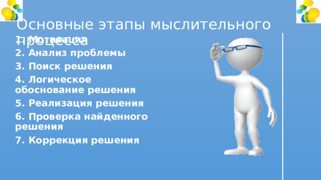 Основные этапы мыслительного процесса 1. Мотивация 2. Анализ проблемы 3. Поиск решения 4. Логическое обоснование решения 5. Реализация решения 6. Проверка найденного решения 7. Коррекция решения 