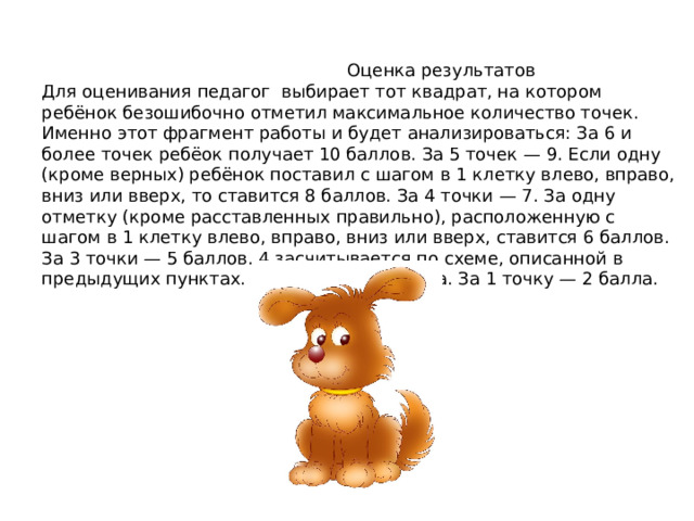  Оценка результатов Для оценивания педагог выбирает тот квадрат, на котором ребёнок безошибочно отметил максимальное количество точек. Именно этот фрагмент работы и будет анализироваться: За 6 и более точек ребёок получает 10 баллов. За 5 точек — 9. Если одну (кроме верных) ребёнок поставил с шагом в 1 клетку влево, вправо, вниз или вверх, то ставится 8 баллов. За 4 точки — 7. За одну отметку (кроме расставленных правильно), расположенную с шагом в 1 клетку влево, вправо, вниз или вверх, ставится 6 баллов. За 3 точки — 5 баллов. 4 засчитывается по схеме, описанной в предыдущих пунктах. За 2 точки — 3 балла. За 1 точку — 2 балла.    