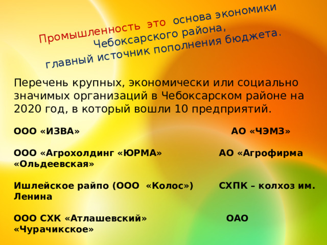 Промышленность это основа экономики Чебоксарского района,  главный источник пополнения бюджета. Перечень крупных, экономически или социально значимых организаций в Чебоксарском районе на 2020 год, в который вошли 10 предприятий.  ООО «ИЗВА» АО «ЧЭМЗ»  ООО «Агрохолдинг «ЮРМА» АО «Агрофирма «Ольдеевская»  Ишлейское райпо (ООО «Колос») СХПК – колхоз им. Ленина  ООО СХК «Атлашевский» ОАО «Чурачикское»  ООО ТП «Сувар-2» ООО ТК «Новочебоксарский» 