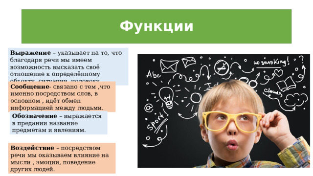Функции Выражение – указывает на то, что благодаря речи мы имеем возможность высказать своё отношение к определённому объекту, ситуации, человеку . Сообщение - связано с тем ,что именно посредством слов, в основном , идёт обмен информацией между людьми. Обозначение – выражается в предании название предметам и явлениям. Воздействие – посредством речи мы оказываем влияние на мысли , эмоции, поведение других людей. 