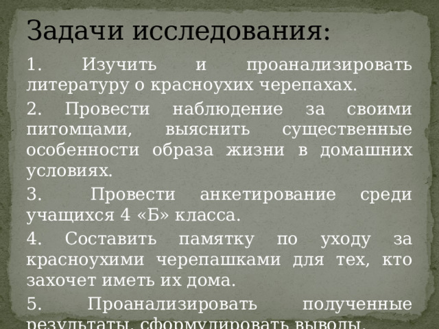 Задачи исследования: 1. Изучить и проанализировать литературу о красноухих черепахах. 2. Провести наблюдение за своими питомцами, выяснить существенные особенности образа жизни в домашних условиях. 3. Провести анкетирование среди учащихся 4 «Б» класса. 4. Составить памятку по уходу за красноухими черепашками для тех, кто захочет иметь их дома. 5. Проанализировать полученные результаты, сформулировать выводы. 