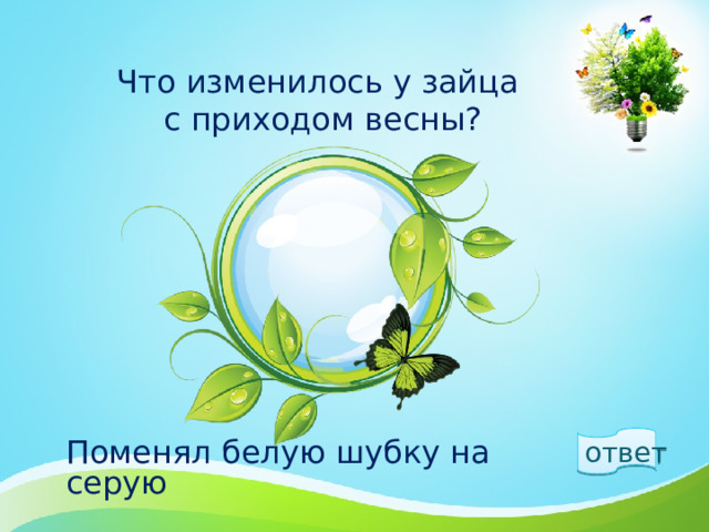 Что изменилось у зайца  с приходом весны? ответ  Поменял белую шубку на серую 1 